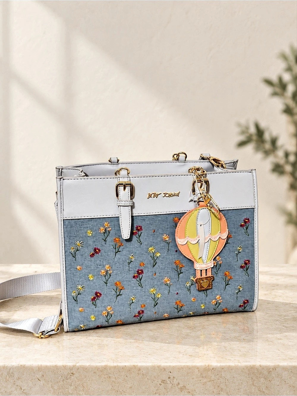 NWT Betsey Johnson XOMYLO2 Denim Floral Hot Air Balloon Satchel Crossbody